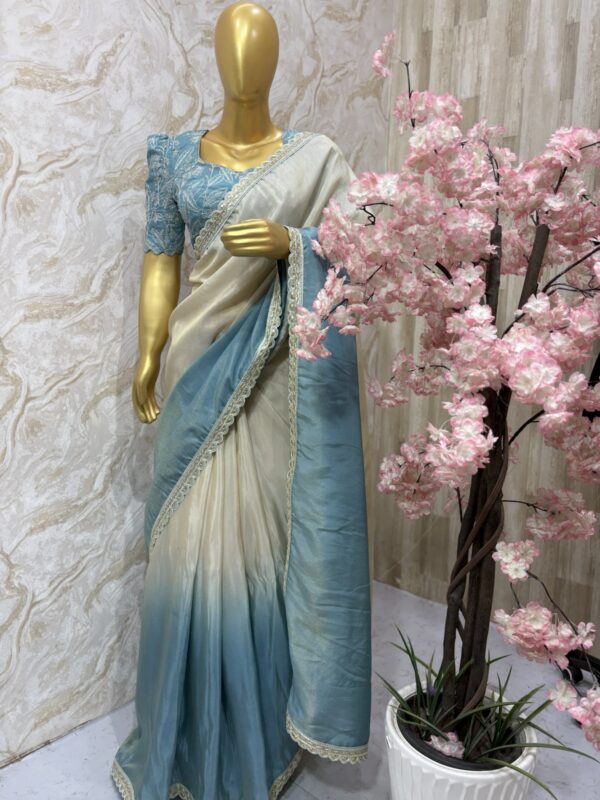 Ocean Mist Pure Tissue Saree with Sequined Puff Sleeve Blouse