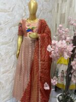 Royal Parrot Peach Paithani Gown with Luxe Red Tissue Dupatta