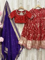 Royal Red Munga Crepe Lehenga with Maggam Blouse & Purple Dupatta