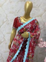 Red Floral Georgette Saree with Blue Scallop Border