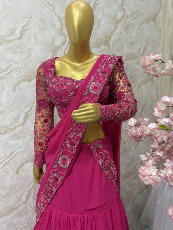 Pink Maggam Embroidered Ruffle Lehenga Set