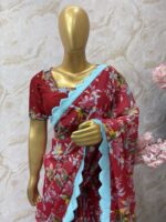 Red Floral Georgette Saree with Blue Scallop Border
