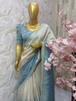 Ocean Mist Pure Tissue Saree with Sequined Puff Sleeve Blouse