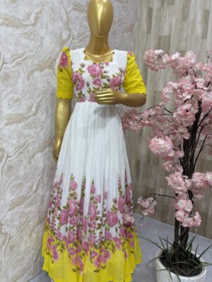 White Georgette Gown with Pink Floral & Yellow Charm