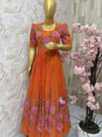 Orange Georgette Gown with Pink Floral Elegance