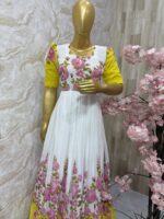 White Georgette Gown with Pink Floral & Yellow Charm