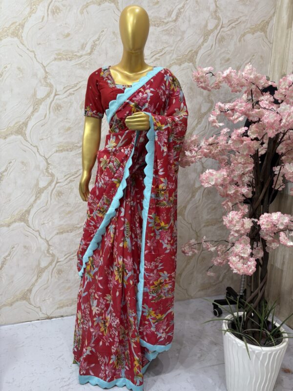 Red Floral Georgette Saree with Blue Scallop Border