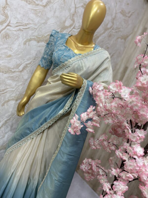 Ocean Mist Pure Tissue Saree with Sequined Puff Sleeve Blouse