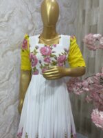 White Georgette Gown with Pink Floral & Yellow Charm