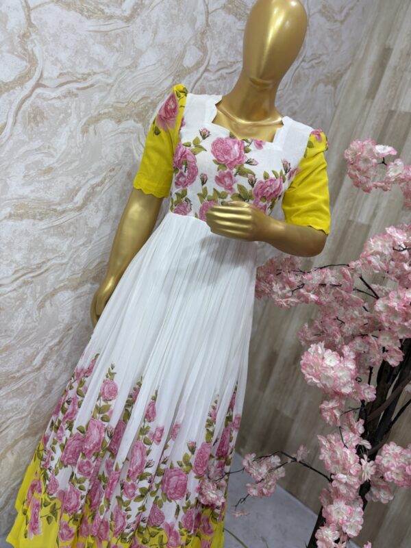 White Georgette Gown with Pink Floral & Yellow Charm