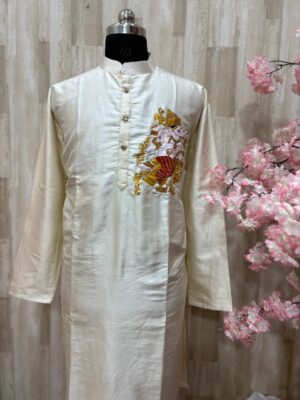 Hand-painted Ganesh silk kurta with pajama.