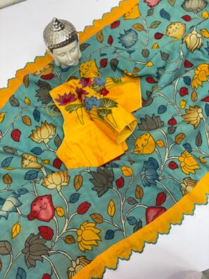 Teal Blue Hand-Painted Pen Kalamkari Saree