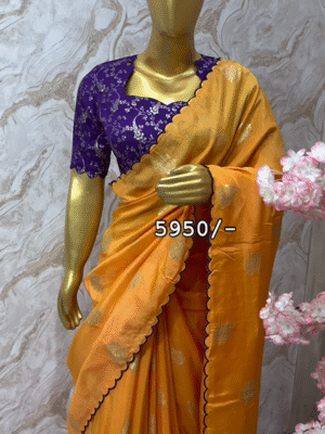 Exclusive designer munga crepe saree having contrast scalap embroidery paired with beautiful blouse