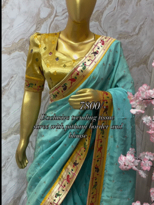Exclusive designer tissue saree having all over sequence bootis having pithani border and pithani blouse