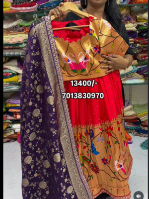 Exclusive designer red clr pithani lehenga with big border having pretty scalap border paired with beautiful dupatta …..