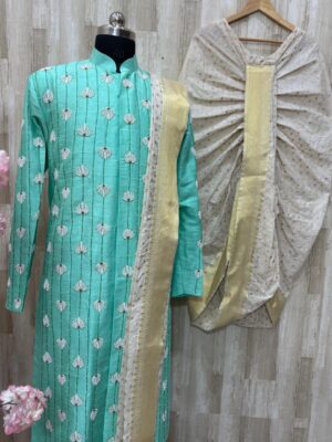 Raw Silk Sherwani Set with Heavy Maggam Work