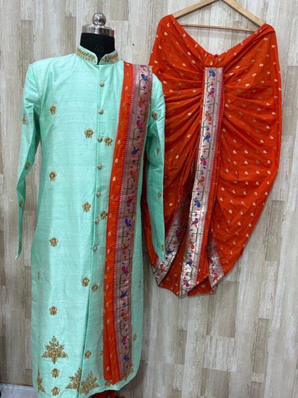 Raw Silk Sherwani Set with Maggam Work and Paithani Border in Mint