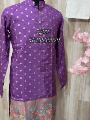 Exclusive premium quality pure munga crepe mens kurta with out line work on the border paired up with cream colour pijama