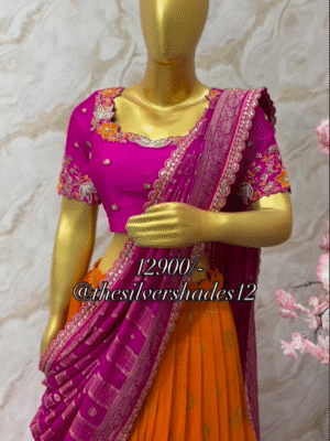 Exclusive designer crush tissue lehenga having beautiful border paired up with maggam work blouse and crush tissue dupatta