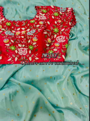 Exclusive premium quality tissue saree having all over sequence work and rich maggam work on border paired up with heavy maggam work blouse