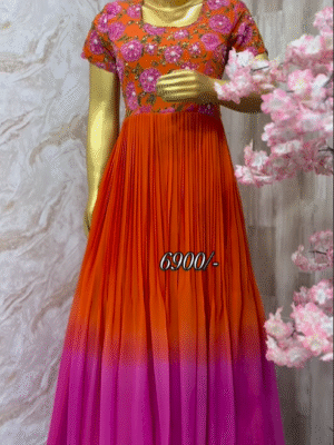 Exclusive designer dual shade long gown with rich maggam work floral yoke part