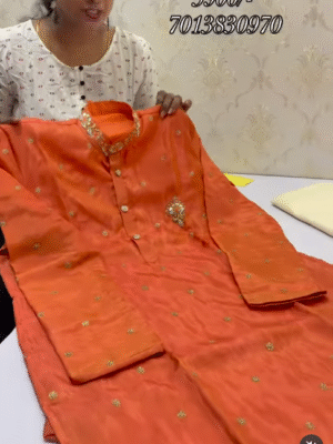 Exclusive designer tissue mens kurta having maggam work on collar paired up with cream colour pijama