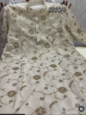 Exclusive premium quality heavy work mens tissue kurta with cream colour pijama
