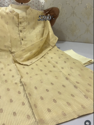 Exclusive designer soft banaras silk mens kurta paired up with cream colour pijama