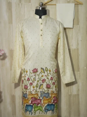 Ivory Silk Kurta with Multicolor Cow and Lotus Embroidery