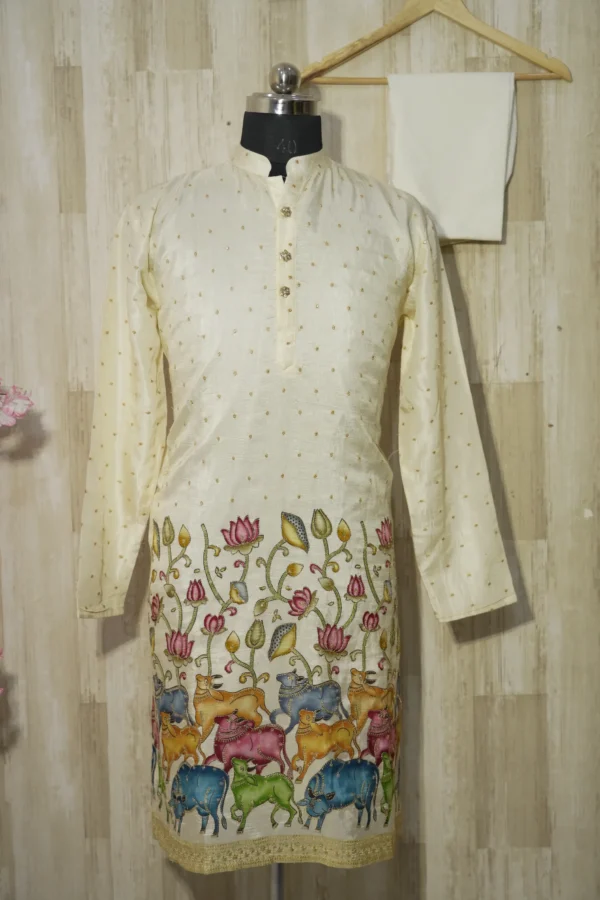 Ivory Silk Kurta with Multicolor Cow and Lotus Embroidery