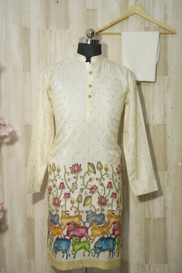 Ivory Silk Kurta with Multicolor Cow and Lotus Embroidery
