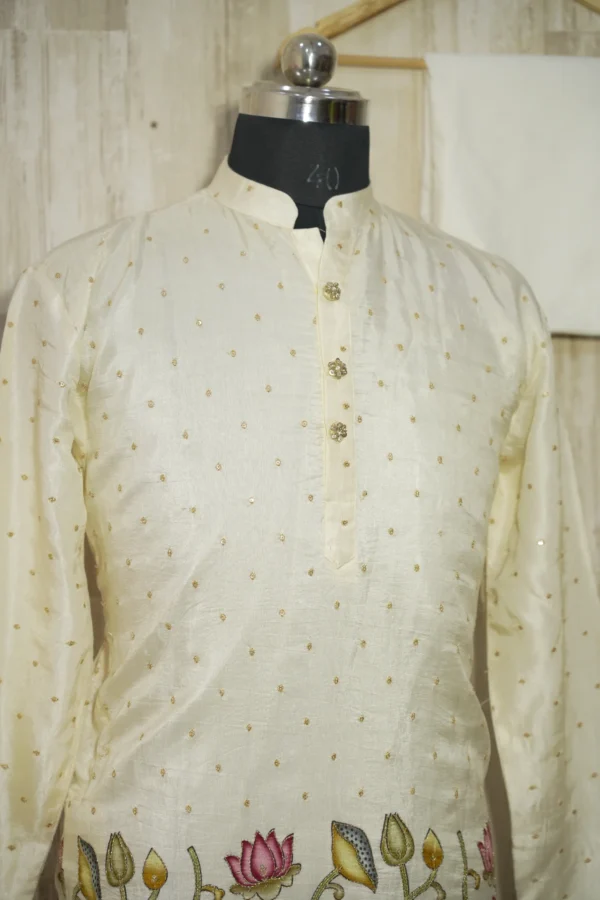 Ivory Silk Kurta with Multicolor Cow and Lotus Embroidery