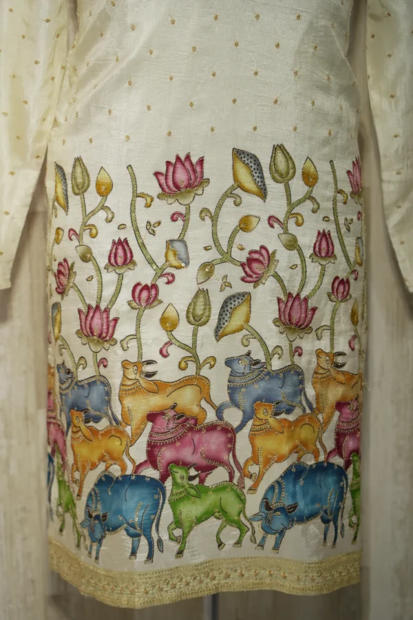 Ivory Silk Kurta with Multicolor Cow and Lotus Embroidery