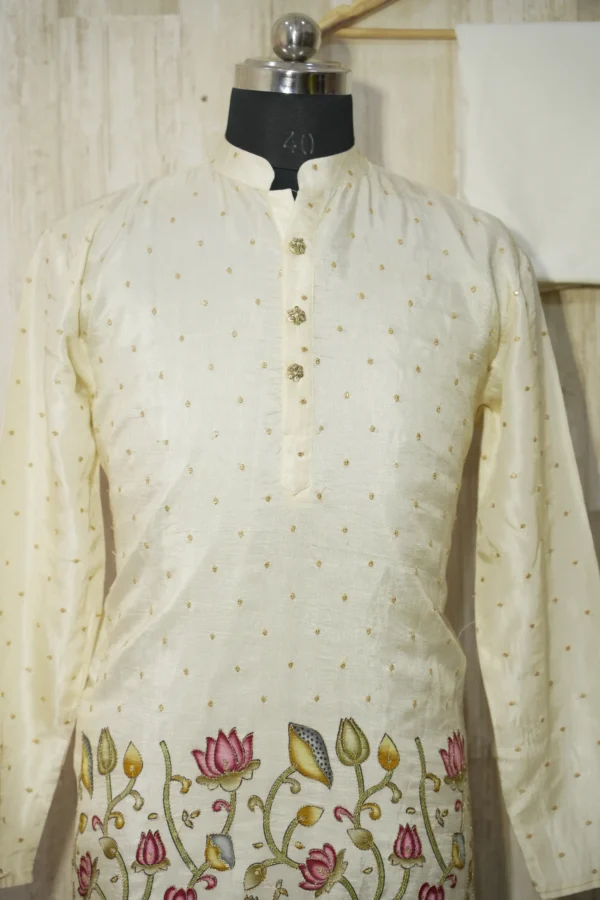 Ivory Silk Kurta with Multicolor Cow and Lotus Embroidery