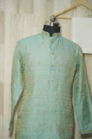 Mint Green Silk Kurta with Subtle Golden Embroidery