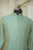 Mint Green Silk Kurta with Subtle Golden Embroidery