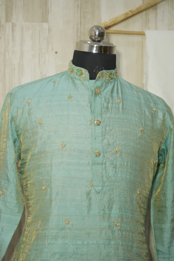 Mint Green Silk Kurta with Subtle Golden Embroidery