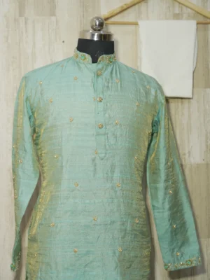 Mint Green Silk Kurta with Subtle Golden Embroidery