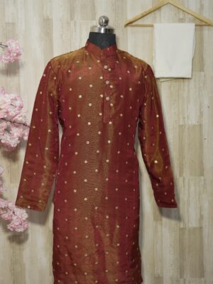 Maroon Silk Brocade Kurta Set with Golden Buti Work