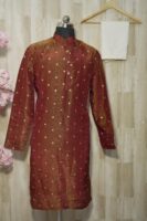 Maroon Silk Brocade Kurta Set with Golden Buti Work