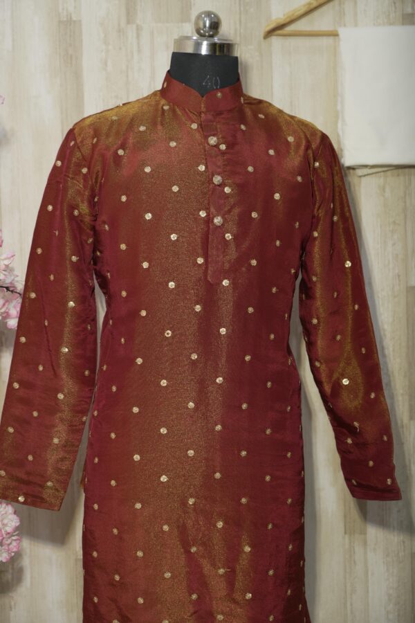 Maroon Silk Brocade Kurta Set with Golden Buti Work