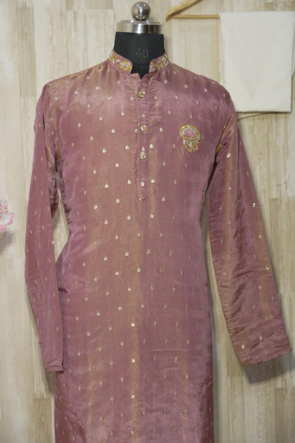 Dusty Rose Silk Brocade Kurta Set with Subtle Golden Weave
