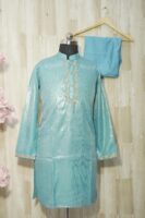 Aqua Blue Silk Kurta Set with Subtle Golden Embroidery