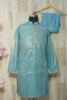 Aqua Blue Silk Kurta Set with Subtle Golden Embroidery