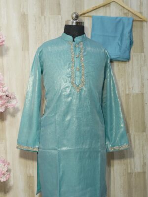 Aqua Blue Silk Kurta Set with Subtle Golden Embroidery