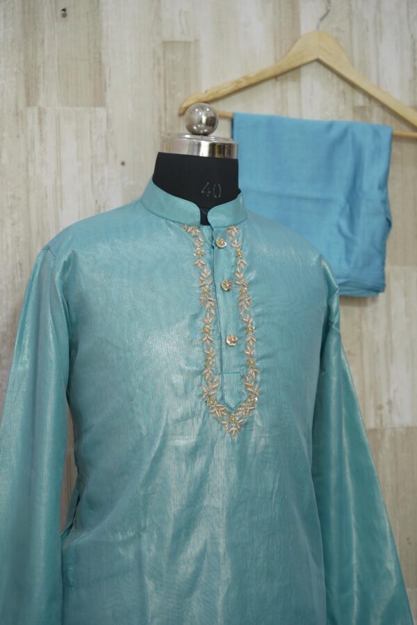 Aqua Blue Silk Kurta Set with Subtle Golden Embroidery
