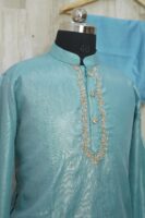 Aqua Blue Silk Kurta Set with Subtle Golden Embroidery