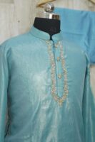 Aqua Blue Silk Kurta Set with Subtle Golden Embroidery
