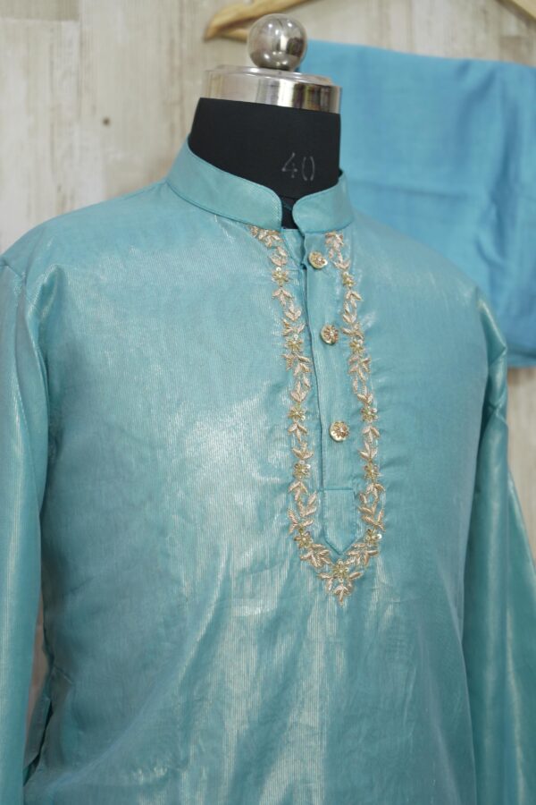 Aqua Blue Silk Kurta Set with Subtle Golden Embroidery
