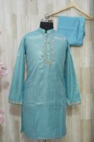 Aqua Blue Silk Kurta Set with Subtle Golden Embroidery
